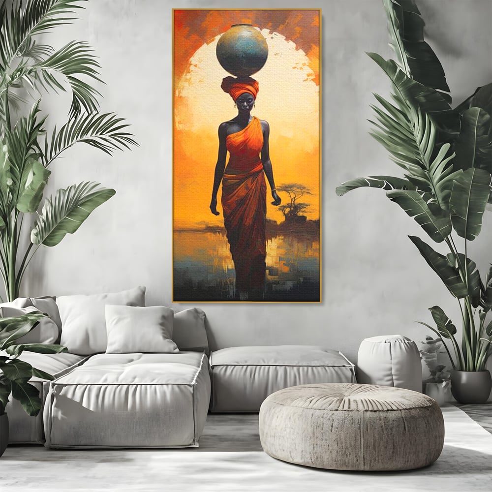 Tablou canvas cu tablou canvas cu femeie africana si ulcior, in rama de aluminiu auriu, pe perete intr-un living
